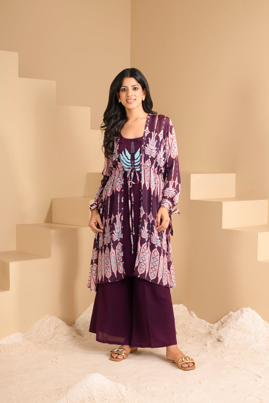 Wine Elegance Hand-Embroidered Co-Ord Set